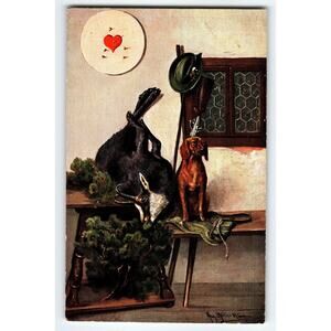 Signed Muller Artist Postcard with Hunting Scene and Dog, Original Art